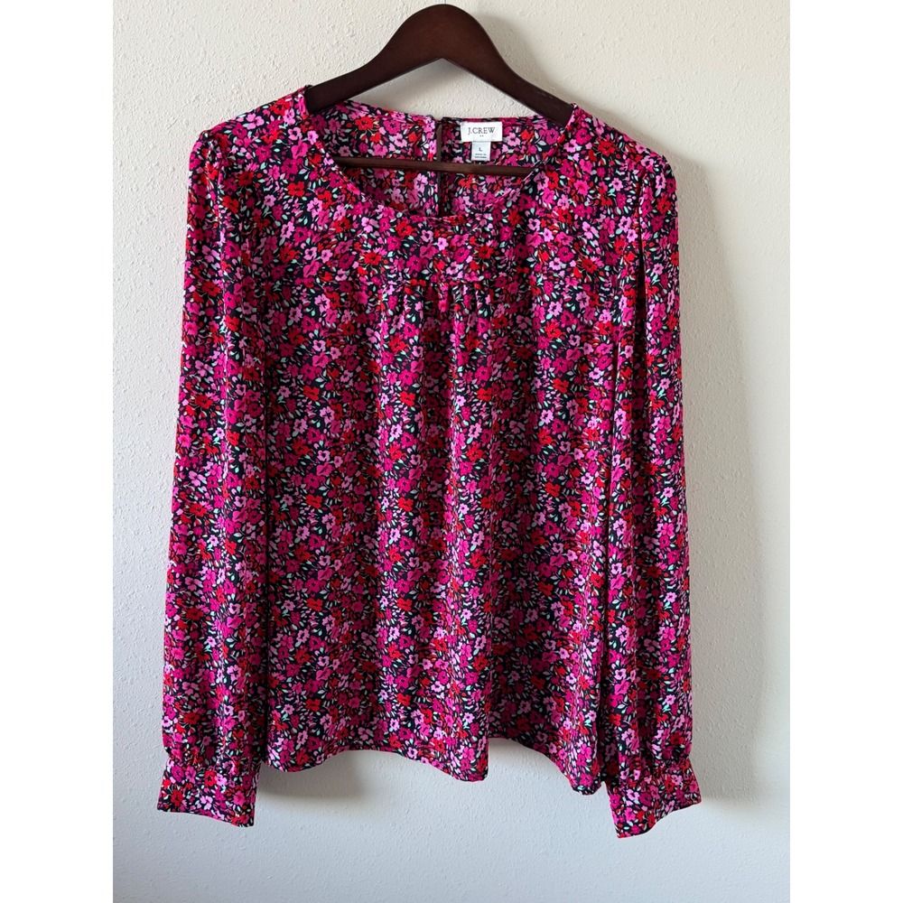 J.Crew Large Pink Red Floral Long Sleeve Blouse Gathered Yoke